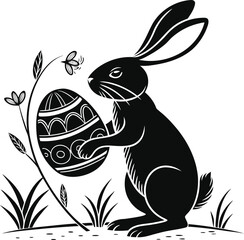 Easter bunny holding decorated egg, an emblem for springtime.