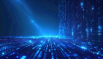 Digital cascade of blue binary code flowing into a matrix-like landscape, with distant stars visible