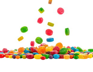Colorful hard candies of various shapes cascade and pile up against a black background