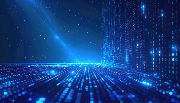 Digital cascade of blue binary code flowing into a matrix-like landscape, with distant stars visible