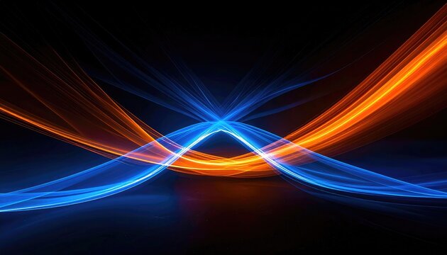 Abstract image glowing curves, blue and orange light, glossy black surface, converging point, dynamic flow
