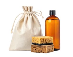 An opaque bag, a brown bottle, and stacked sponges isolated on black