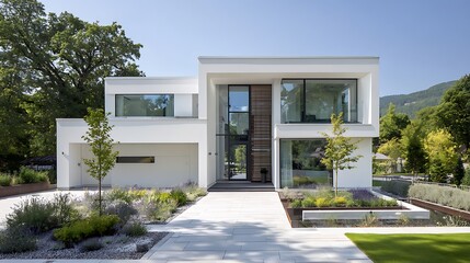A contemporary two story house features a minimalist design with white walls large glass windows and a flat roof.