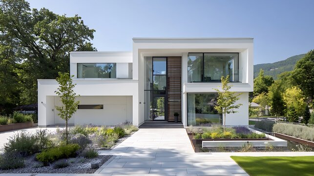 A contemporary two story house features a minimalist design with white walls large glass windows and a flat roof.