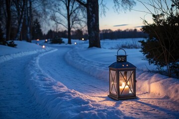 Candle lantern glowing on snow path with dusk lighting