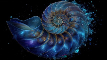 暗闇の中に浮かぶ、青と金色の光を放つ螺旋状のオウムガイの殻の抽象的な構造。 | Abstract structure of a blue and gold glowing spiral nautilus shell floating in darkness.