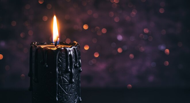 Black lit candle with a pentagram symbol. Dark mystery concept with bokeh lights in the background. Space for text and Halloween themes.