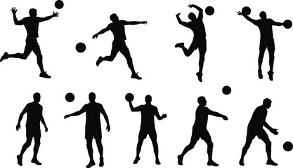 Volleyball player silhouette collection, dynamic action poses with ball, jumping spike, serve, and receive, sports vector illustration set for athletic design and competition themes