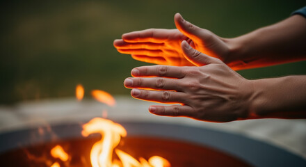 Warming hands over fire pit, person enjoys warmth from open flames in outdoor setting. Warming hands during cold weather with radiant flames. Enjoying fire pit,