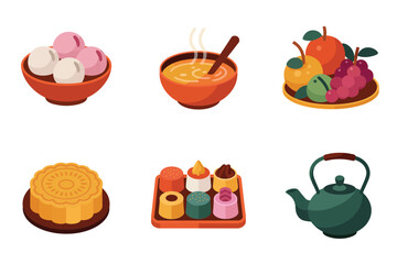 Outline icons for Asian traditional food, illustrating bowls of dessert, fruit, seasonings, and green ceramic teapot,