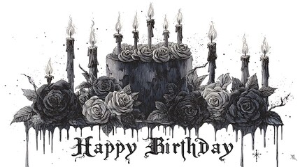A dark and dramatic illustration of a birthday cake surrounded by black roses and dripping candles, with "Happy Birthday" written in elegant gothic lettering.