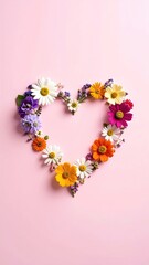 Floral heart blooms forming a love symbol on pink