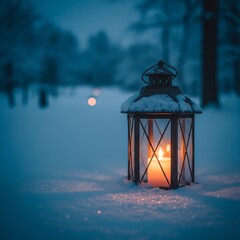 Candle lantern glowing on snow path with dusk lighting