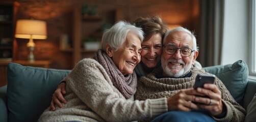 Elderly couple with adult daughter sitting on sofa at home. Senior man, woman in knitwear using smartphone together. Happy family video calling on mobile phone. Smiling old people hugging, looking at