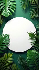 Green leaves frame a blank, white circular space