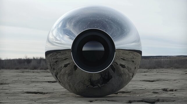 Spherical observatory, exterior of seamless, mirrored chrome reflecting the surrounding barren landscape and starry sky with surreal clarity, a single aperture open. astrophotography context
