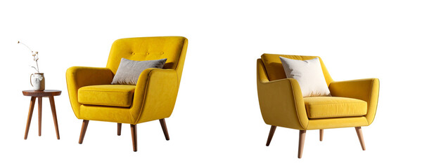 Minimalist Yellow Fabric Chair with Solid Wood Legs Transparent PNG