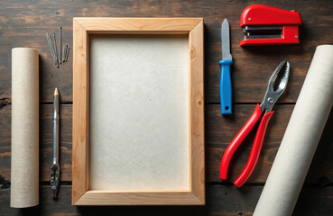 Art tools rest on wooden table. These include canvas roll frame staple gun pliers knife. Creative art studio workspace scene. Equipment for painting or print artwork.