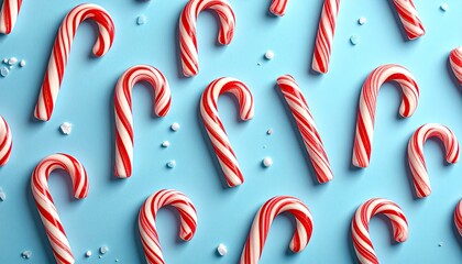 Obraz premium Candy canes arranged on a blue background, sprinkled with sugar