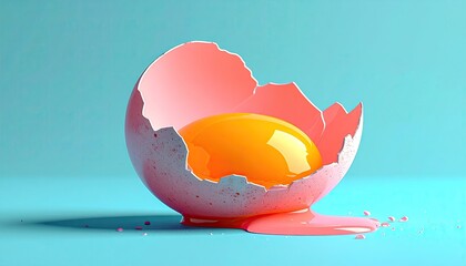 Cracked pink egg, bright yolk, blue background