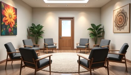 Empty room with circle of chairs for group therapy or meeting. Comfortable chairs arranged around rug with plants and art. Facilitator session, mental health support, counseling.