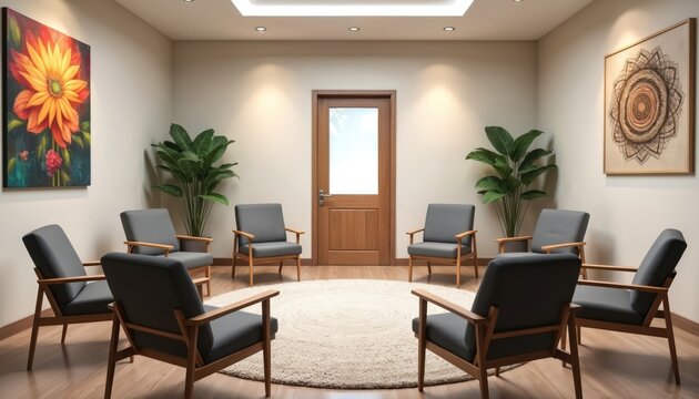 Empty room with circle of chairs for group therapy or meeting. Comfortable chairs arranged around rug with plants and art. Facilitator session, mental health support, counseling.