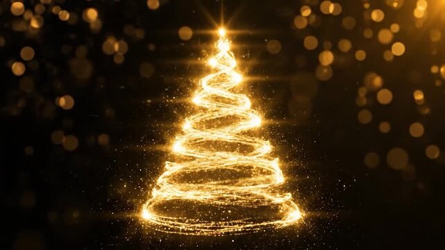 Golden, sparkling light forms an abstract spiral tree against a dark background with bokeh