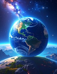 Earth floating in space, illuminated, with a bright nebula behind