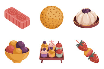 Flat vector icons for Asian cuisine and snacks, showing dumpling, sweet bun, fruit skewers, dipping sauces, and traditional steamed food,