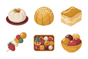 Detailed flat vector icons for festive Asian desserts, featuring sweet buns, mooncakes, fruit, chocolate, and tasty holiday snacks,