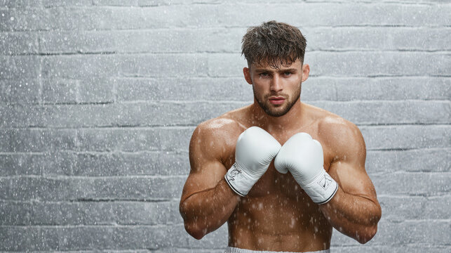 Determined boxer with white gloves stands ready against brick wall, sweat glistening on his muscular physique, showcasing focus and strength