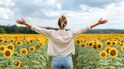 Person stands joyfully in vast sunflower field with arms open wide, embracing beauty of nature under cloudy sky