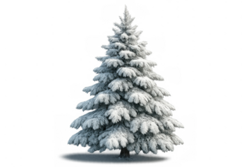 Winter pine tree covered in fresh snow on transparent background, symbolizing christmas and holiday season