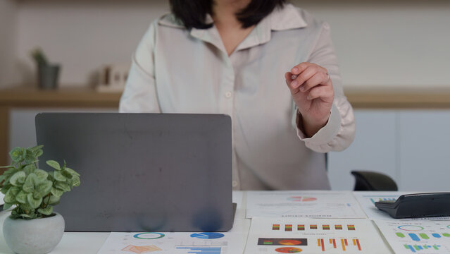 Professional Communication. Businesswoman presenting financial data with laptop.