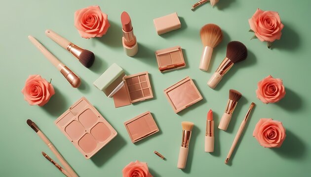 Flat lay of makeup products and roses on a pastel green background - Powered by Adobe