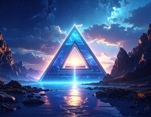 Glowing pyramid on water, mountains, starry night, light