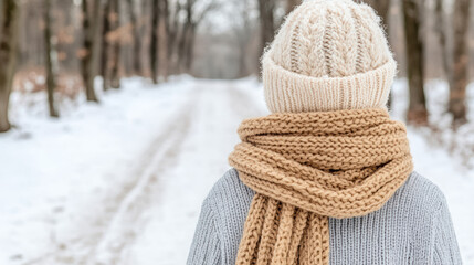 Person wrapped in thick scarf and knit hat walks through snowy forest path, creating cozy winter scene