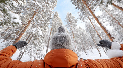 Person in orange jacket stands in snowy pine forest, arms raised in joy, surrounded by tall trees dusted with fresh snow under clear blue sky