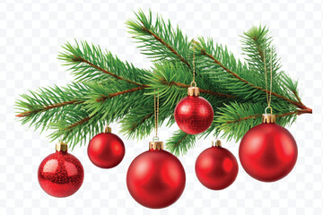 red decoration balls hanging from christmas tree branch isolated on transparent background 