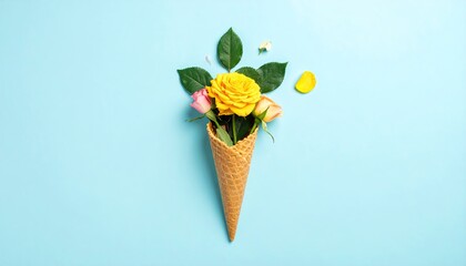Floral ice cream cone. Bright, flat lay. Cute aesthetic