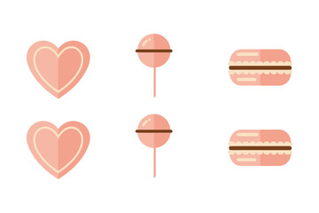 Outline vector icons for romantic desserts, featuring chocolate, heart-shaped cookie, cupcake, macaron, and lollipop for celebratory occasions,