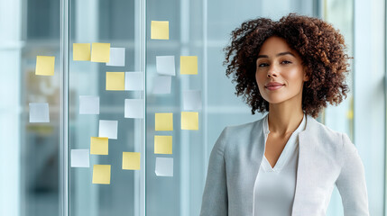 Confident professional stands beside glass wall covered with sticky notes, suggesting collaborative and organized work environment