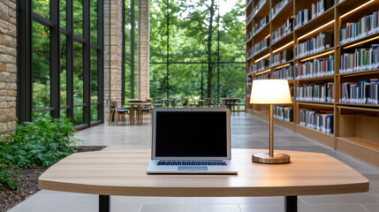 Laptop and glowing desk lamp on wooden table in modern library with large windows and bookshelves, creating serene study environment