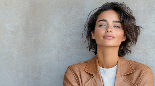 Woman with short brown hair and calm expression stands against textured wall, wearing brown jacket and white top. Her confident gaze and relaxed posture convey sense of ease