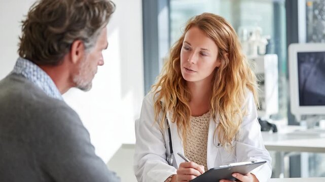 Female Doctor Consulting with Male Patient in Modern Clinic