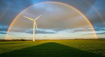 Sustainable Future: Majestic Wind Turbine Under a Double Rainbow in Green Field
