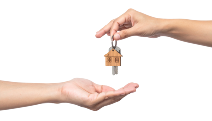 Hand Giving House Key with Clipping Path Copy Space Isolated on Transparent Background