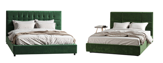 Minimalist Green Velvet Upholstered Bed with Modern Headboard Isolated PNG
