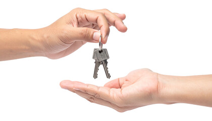 Hand Giving House Key with Clipping Path Isolated on Transparent Background