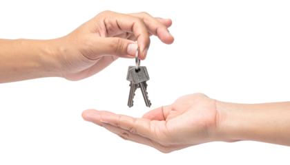 Hand Giving House Key with Clipping Path Isolated on Transparent Background
